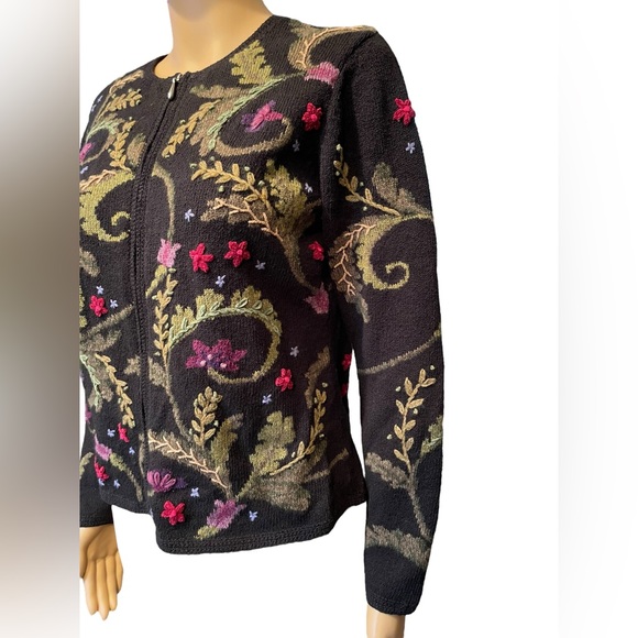 Talbots Earthy Boho Hippie Whimsygoth Embroidered Floral Leafy Sweater Jacket - Picture 4 of 8